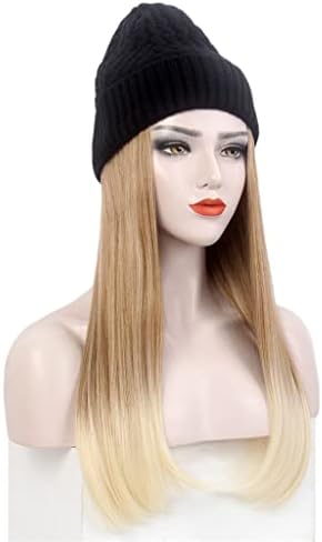 SDFGH Moda Bayanlar Saç Şapka Bir Siyah Örme Şapka Peruk Uzun Düz Altın Degrade Şapka Peruk Bir