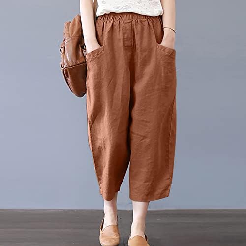 CHGBMOK Keten Pantolon Kadınlar için Capri Baggy Salonu Pantolon Cepler ile Pamuk Düz Renk Uzun Pantolon Geniş Bacak