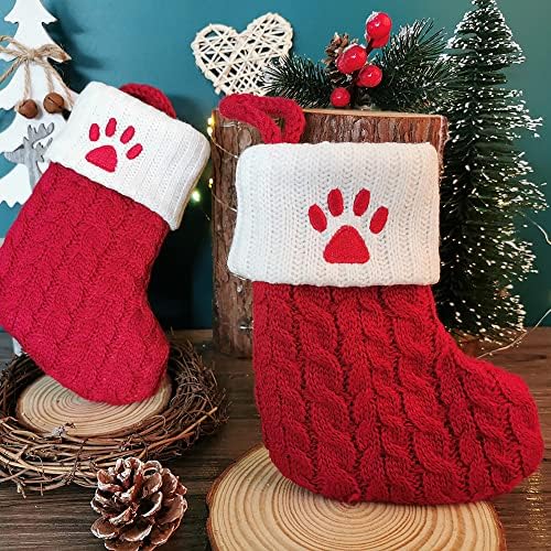 Noel Mini Çorap 7 İnç Kırmızı Örgü Örme Noel Çorap A-Z Kar Tanesi Köpek Pençe Baskı Noel Asılı Çorap Noel Ağacı Dekorasyon