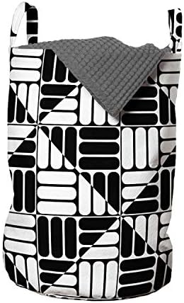 Lunarable Siyah Beyaz Çamaşır Torbası, Çizgili ve Üçgen Tasarımlı Izgara Kareler Tek Renkli Kompozisyon, Kulplu Sepet