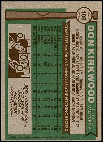 1976 Topps 108 Don Kirkwood Los Angeles Melekleri (Beyzbol Kartı) NM / MT Melekleri