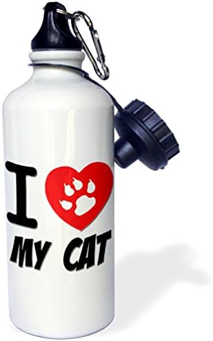 3dRose Kedimi Pençe Baskılı ve Kalpli Seviyorum Spor Su Şişesi, 21 oz, Beyaz