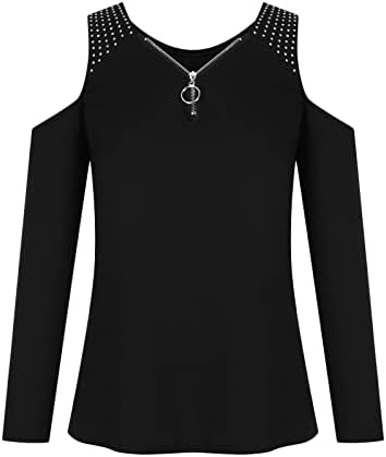 Ruzıyoog Seksi Soğuk Omuz Kadınlar ıçin Tops Yarım Zip Up V Boyun Uzun Kollu Rhinestone T Shirt Casual Katı Renk