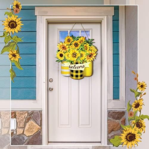 Karenhi Yaz Ayçiçeği hoş geldin yazısı Ahşap Işareti Ön Kapı Dekor Şükran Günü Ahşap Asılı Kapı Işareti Açık Ahşap