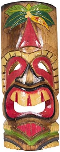 Dünya Kabukları El Oyma ve Boyalı 11-12 İnç Boyunda Tiki Maskesi Heykel Duvar veya Masaüstü (Palmiye)