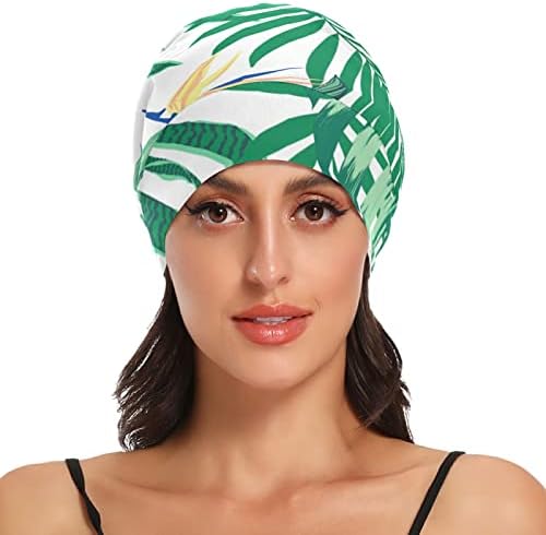 Kadın Bere Şapka Kafatası Çalışma Kap, Tropikal Desen Yeşillik Elastik Moda Şapkalar Gece Uyku Kaput Saç Kapak