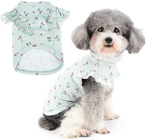 Ranphy Köpek Gömlek Küçük Köpekler Kızlar için Yumuşak Pamuk Yaz T-Shirt Nefes Köpek Yelek Elbise Sevimli Kiraz Baskılı